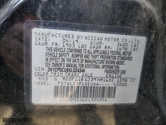 2019 Nissan Kicks SV with VIN 3N1CP5CU6KL524346, listed as a Copart auction lot 86428194 with 138,717 mi miles and Salvage Title. Bid and sale history available at carsss.com. Image 14.