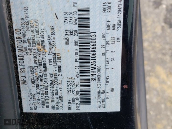 2006 Lincoln Zephyr z VIN 3LNHM26106R660031, wystawiony jako Copart lot #52025675 z przebiegiem 98 649 mil mil oraz Szkoda całkowita • Salvage title. Historia ofert i sprzedaży dostępna na DreamBid. Obrazek 12.