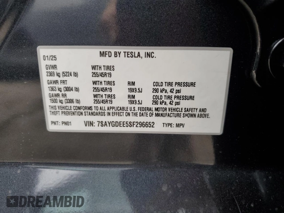 2025 Tesla Model Y Long Range with VIN 7SAYGDEE5SF296652, listed as a Copart auction lot 46664465 with 452 mi miles and Salvage Title. Bid and sale history available at DreamBid. Image 14.
