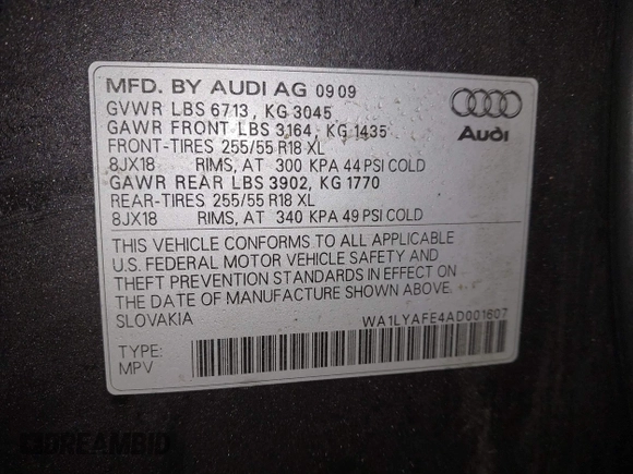 2010 Audi Q7 3.6L Premium Plus with VIN WA1LYAFE4AD001607, listed as a IAAI auction lot 41587352 with 170,180 mi miles. Bid and sale history available at carsss.com. Image 9.