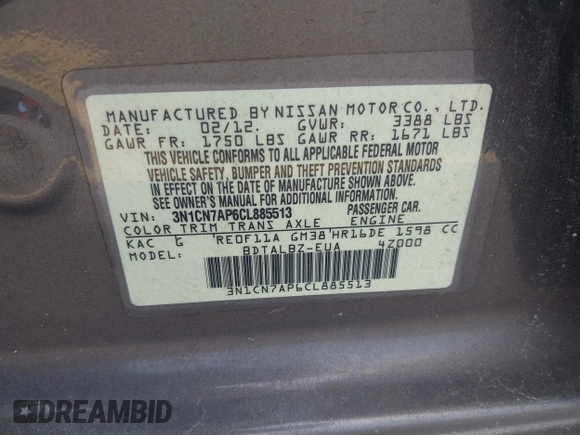 2012 Nissan Versa SV with VIN 3N1CN7AP6CL885513, listed as a IAAI auction lot 42681213 with 282,203 mi miles and . Bid and sale history available at DreamBid. Image 9.