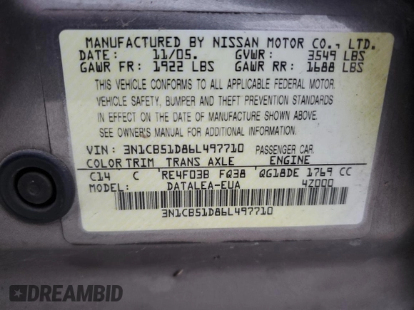 2006 Nissan Sentra S z VIN 3N1CB51D86L497710, wystawiony jako Copart lot #54752065 z przebiegiem 159 064 mil mil oraz Szkoda całkowita • Salvage title. Historia ofert i sprzedaży dostępna na DreamBid. Obrazek 13.