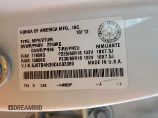 2013 Acura RDX with VIN 5J8TB4H39DL803389, listed as a Copart auction lot 54896915 with 166,630 mi miles and Salvage title. Bid and sale history available at DreamBid. Image 13.
