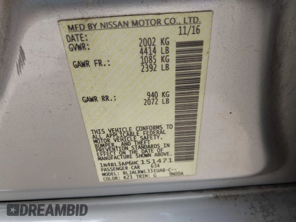 2017 Nissan Altima SL with VIN 1N4BL3AP6HC151471, listed as a IAAI auction lot 42452990 with 142,394 mi miles and . Bid and sale history available at DreamBid. Image 9.