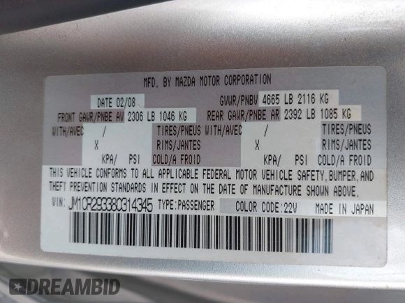 2008 Mazda 5 Sport with VIN JM1CR293380314345, listed as a IAAI auction lot 42156882 with 127,703 mi miles. Bid and sale history available at carsss.com. Image 9.