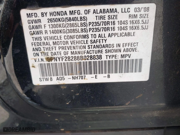 2008 Honda Pilot VP with VIN 5FNYF28288B028838, listed as a IAAI auction lot 41787258 with 142,957 mi miles. Bid and sale history available at carsss.com. Image 9.