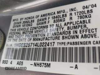 2004 Honda Civic EX with VIN 1HGES26714L022417, listed as a IAAI auction lot 42106769 with Not Provided miles and . Bid and sale history available at DreamBid. Image 9.