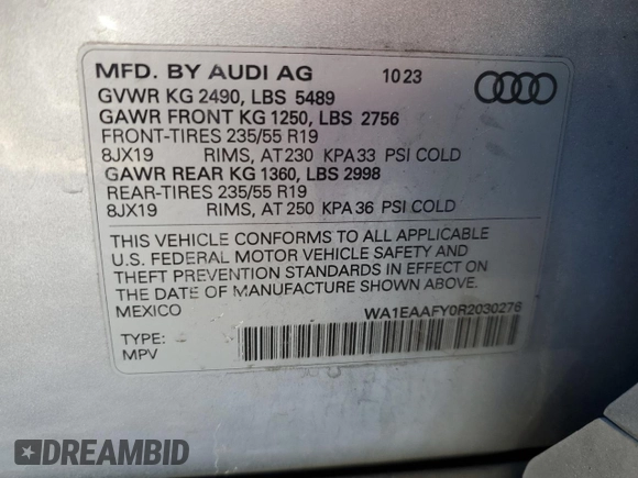 2024 Audi Q5 S line Premium Plus with VIN WA1EAAFY0R2030276, listed as a Copart auction lot 42703395 with 0 mi miles and Clean Title. Bid and sale history available at carsss.com. Image 13.