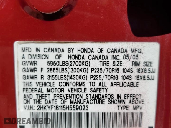 2005 Honda Pilot LX z VIN 2HKYF18115H559023, wystawiony jako Copart lot #49797835 z przebiegiem 206 339 mil mil oraz Szkoda całkowita • Salvage title. Historia ofert i sprzedaży dostępna na DreamBid. Obrazek 13.