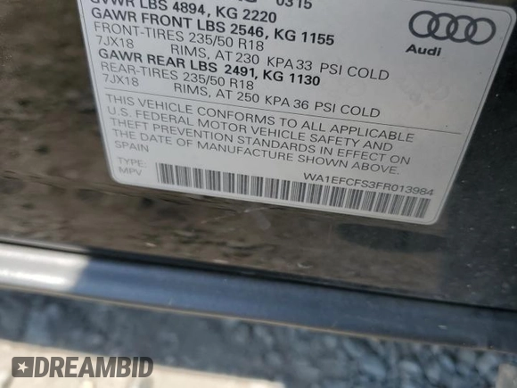 2015 Audi Q3 Premium Plus with VIN WA1EFCFS3FR013984, listed as a Copart auction lot 58785965 with 172,930 mi miles and Salvage title. Bid and sale history available at DreamBid. Image 13.