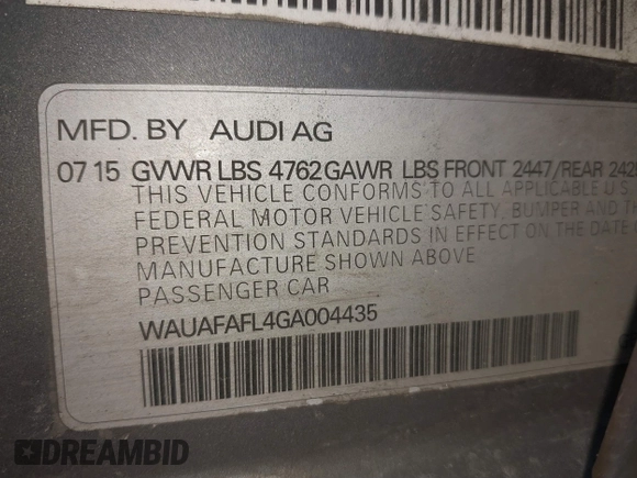 2016 Audi A4 Premium with VIN WAUAFAFL4GA004435, listed as a IAAI auction lot 41891165 with 154,817 mi miles. Bid and sale history available at carsss.com. Image 9.
