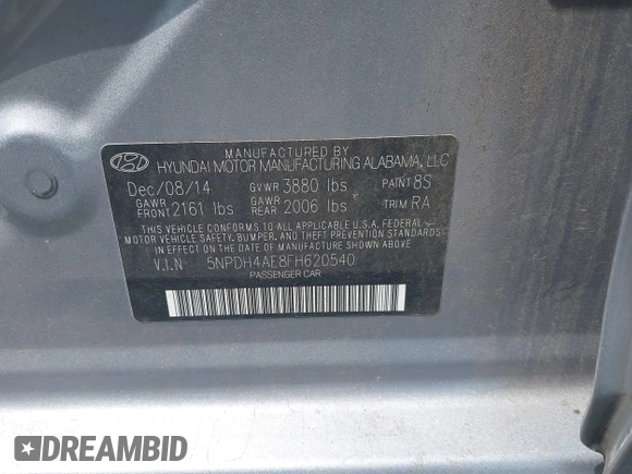 2015 Hyundai Elantra SE z VIN 5NPDH4AE8FH620540, wystawiony jako IAAI lot #42185857 z przebiegiem 79 568 mil mil oraz . Historia ofert i sprzedaży dostępna na DreamBid. Obrazek 9.