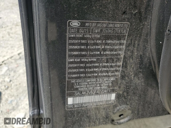 2015 Land Rover LR4 Lux with VIN SALAK2V63FA770471, listed as a Copart auction lot 59418335 with 125,301 mi miles and Clean title. Bid and sale history available at DreamBid. Image 13.