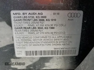 2018 Audi SQ5 Prestige with VIN WA1C4AFY4J2125961, listed as a Copart auction lot 49073974 with 52,442 mi miles and . Bid and sale history available at DreamBid. Image 13.