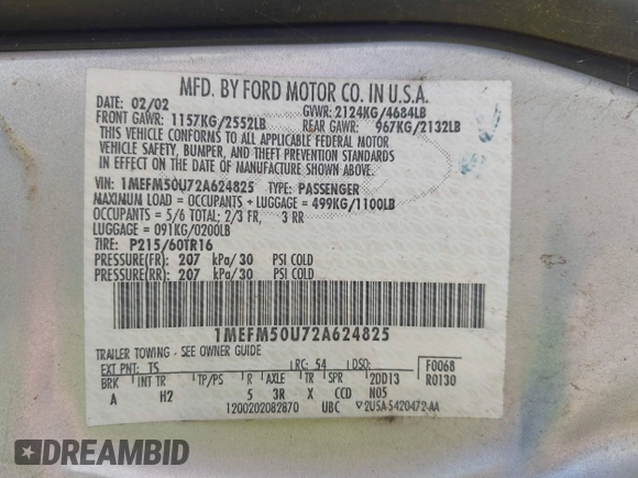 2002 Mercury Sable GS z VIN 1MEFM50U72A624825, wystawiony jako IAAI lot #42463081 z przebiegiem 88 873 mil mil oraz . Historia ofert i sprzedaży dostępna na DreamBid. Obrazek 9.