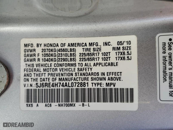 2010 Honda CR-V EX-L with VIN 5J6RE4H74AL072881, listed as a Copart auction lot 49327245 with 71,342 mi miles and Salvage Title. Bid and sale history available at carsss.com. Image 13.