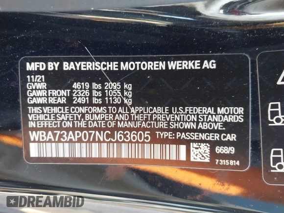 2022 BMW 4 Series 430i xDrive with VIN WBA73AP07NCJ63605, listed as a IAAI auction lot 41685409 with 40,254 mi miles and . Bid and sale history available at DreamBid. Image 9.
