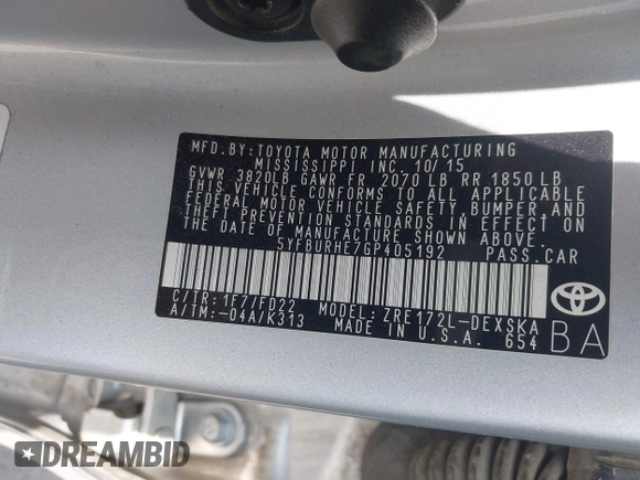 2016 Toyota Corolla L с VIN 5YFBURHE7GP405192, выставлен на аукционе IAAI как лот 42439522 с пробегом 90 475 миль миль и . История ставок и продаж доступна на DreamBid. Изображение 9.