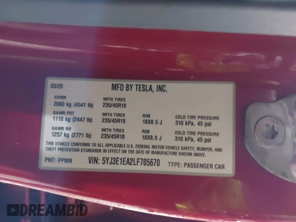 2020 Tesla Model 3 Standard Range Plus z VIN 5YJ3E1EA2LF705670, wystawiony jako IAAI lot #41572352 z przebiegiem 99 980 mil mil oraz . Historia ofert i sprzedaży dostępna na DreamBid. Obrazek 9.