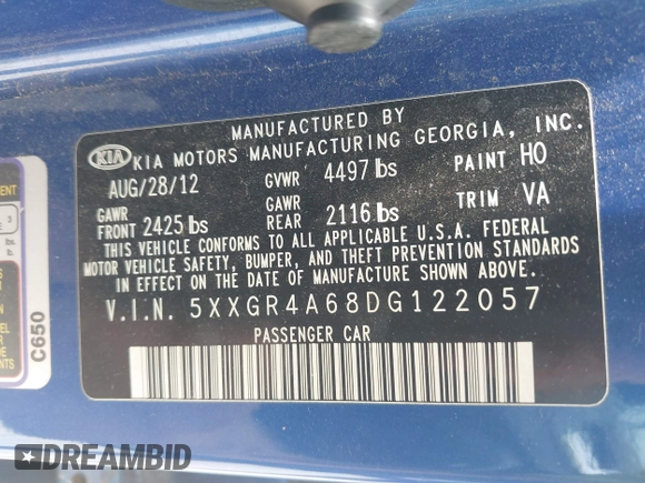 2013 Kia Optima SX with VIN 5XXGR4A68DG122057, listed as a IAAI auction lot 42421160 with 219,965 mi miles and . Bid and sale history available at DreamBid. Image 9.