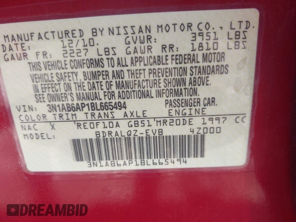 2011 Nissan Sentra S with VIN 3N1AB6AP1BL665494, listed as a IAAI auction lot 42547240 with 183,400 mi miles and . Bid and sale history available at DreamBid. Image 9.