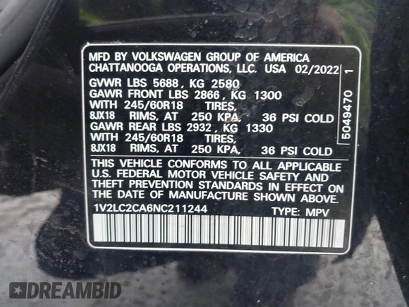 2022 Volkswagen Atlas SE with VIN 1V2LC2CA6NC211244, listed as a IAAI auction lot 41610487 with 49,494 mi miles and . Bid and sale history available at DreamBid. Image 9.