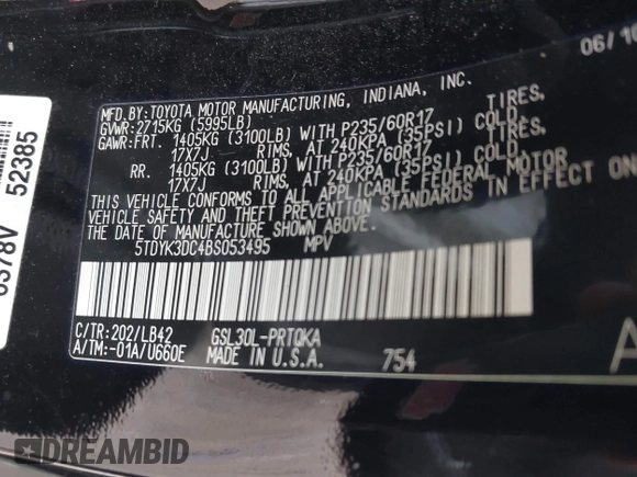 2011 Toyota Sienna XLE AAS with VIN 5TDYK3DC4BS053495, listed as a IAAI auction lot 41963995 with 215,300 mi miles and . Bid and sale history available at DreamBid. Image 9.