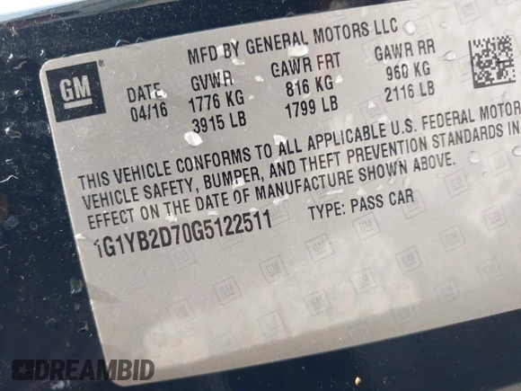 2016 Chevrolet Corvette 1LT with VIN 1G1YB2D70G5122511, listed as a IAAI auction lot 42305910 with 40,663 mi miles and . Bid and sale history available at DreamBid. Image 9.