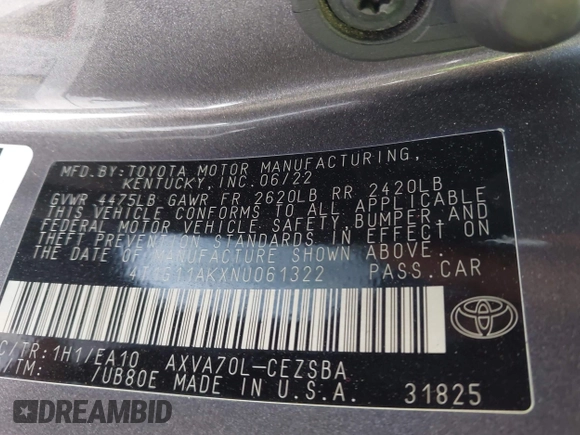 2022 Toyota Camry SE with VIN 4T1G11AKXNU061322, listed as a IAAI auction lot 41984574 with 178,971 mi miles and . Bid and sale history available at DreamBid. Image 9.