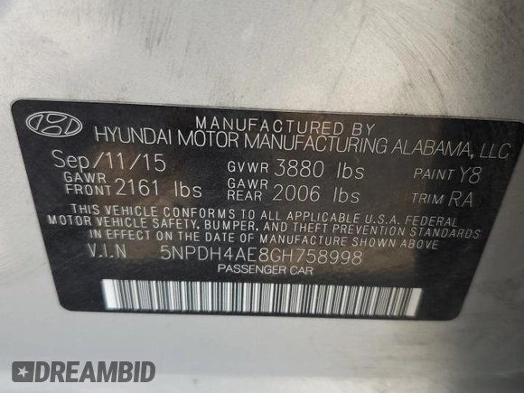 2016 Hyundai Elantra SE with VIN 5NPDH4AE8GH758998, listed as a Copart auction lot 60131145 with Not provided miles and Salvage title. Bid and sale history available at DreamBid. Image 12.