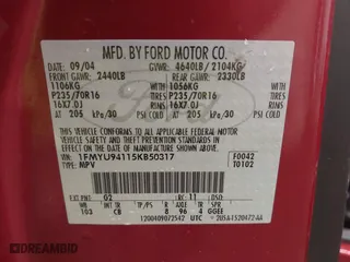 2005 Ford Escape Limited with VIN 1FMYU94115KB50317, listed as a IAAI auction lot 41852013 with 161,181 mi miles. Bid and sale history available at carsss.com. Image 9.