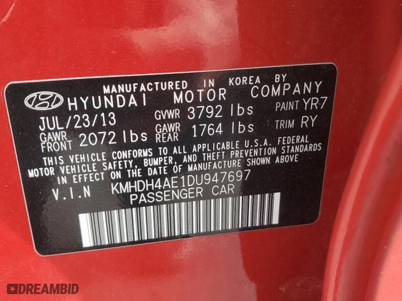 2013 Hyundai Elantra GLS PZEV with VIN KMHDH4AE1DU947697, listed as a Copart auction lot 54414075 with 125,236 mi miles and Clean Title. Bid and sale history available at carsss.com. Image 12.