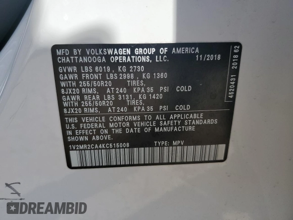 2019 Volkswagen Atlas SEL with VIN 1V2MR2CA4KC515008, listed as a Copart auction lot 46481665 with 44,863 mi miles and Salvage title. Bid and sale history available at DreamBid. Image 16.