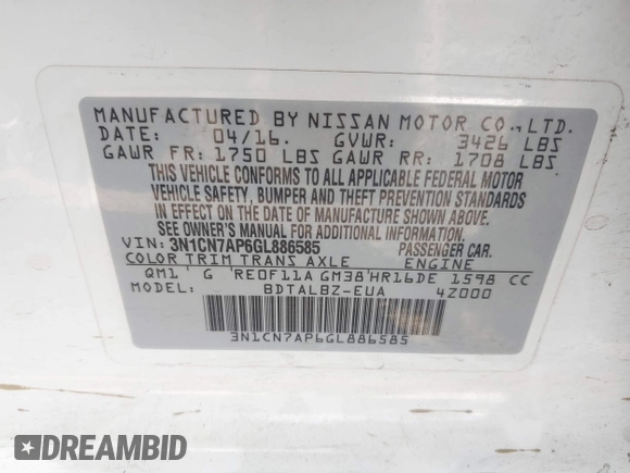 2016 Nissan Versa S Plus with VIN 3N1CN7AP6GL886585, listed as a IAAI auction lot 41411441 with 128,283 mi miles. Bid and sale history available at carsss.com. Image 9.