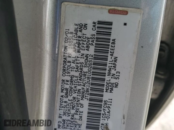 2001 Toyota Prius with VIN JT2BK12U810026512, listed as a Copart auction lot 89296615 with 116,688 mi miles and Salvage Title. Bid and sale history available at carsss.com. Image 12.