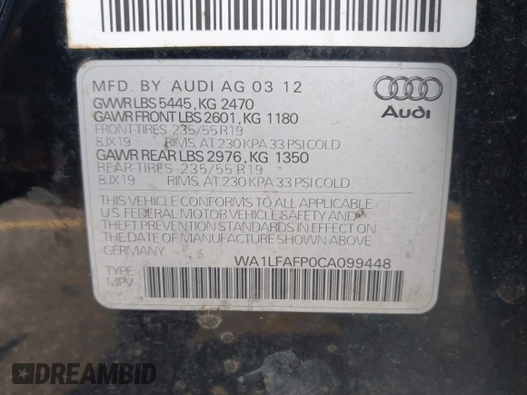 2012 Audi Q5 Premium Plus with VIN WA1LFAFP0CA099448, listed as a IAAI auction lot 42403849 with 189,000 mi miles and . Bid and sale history available at DreamBid. Image 9.
