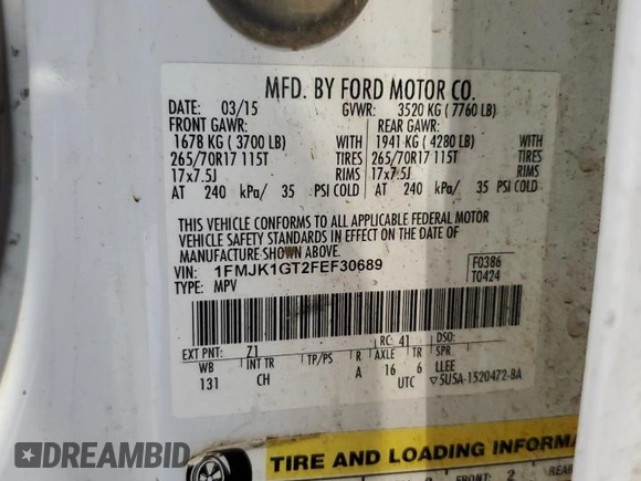 2015 Ford Expedition Max XL with VIN 1FMJK1GT2FEF30689, listed as a Copart auction lot 53673705 with 386,206 mi miles and Salvage title. Bid and sale history available at DreamBid. Image 13.