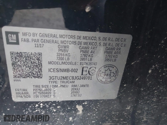2018 GMC Sierra 1500 SLE z VIN 3GTU2MEC8JG249701, wystawiony jako IAAI lot #41556135 z przebiegiem 87 657 mil mil oraz . Historia ofert i sprzedaży dostępna na DreamBid. Obrazek 9.