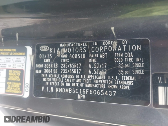 2015 Kia Sedona LX with VIN KNDMB5C16F6065437, listed as a IAAI auction lot 42079430 with 149,991 mi miles and . Bid and sale history available at DreamBid. Image 9.