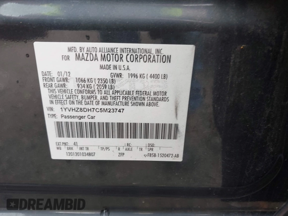 2012 Mazda 6 i Touring with VIN 1YVHZ8DH7C5M23747, listed as a IAAI auction lot 42333284 with 173,319 mi miles and . Bid and sale history available at DreamBid. Image 9.