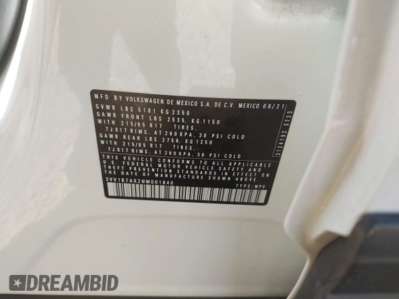 2022 Volkswagen Tiguan S z VIN 3VV1B7AX2NM001840, wystawiony jako IAAI lot #41425588 z przebiegiem 28 720 mil mil oraz . Historia ofert i sprzedaży dostępna na DreamBid. Obrazek 9.