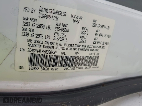 2005 Dodge Caravan SXT z VIN 2D4GP44L95R336090, wystawiony jako IAAI lot #42328818 z przebiegiem 272 347 mil mil oraz . Historia ofert i sprzedaży dostępna na DreamBid. Obrazek 9.