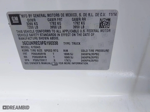 2015 Chevrolet Silverado 1500 LT with VIN 3GCUKREC9FG190338, listed as a IAAI auction lot 41793915 with 116,558 mi miles. Bid and sale history available at carsss.com. Image 9.