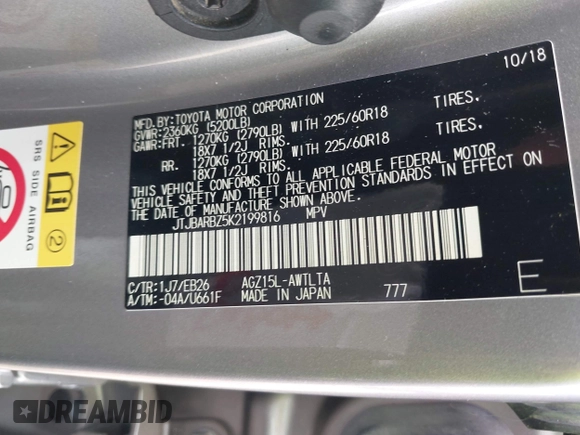 2019 Lexus NX 300 with VIN JTJBARBZ5K2199816, listed as a IAAI auction lot 42458691 with Not provided miles and . Bid and sale history available at DreamBid. Image 9.