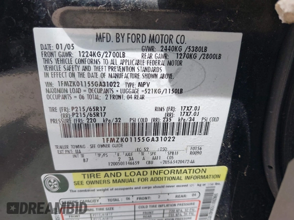2005 Ford Freestyle SE z VIN 1FMZK01155GA31022, wystawiony jako IAAI lot #42042252 z przebiegiem 138 615 mil mil oraz . Historia ofert i sprzedaży dostępna na DreamBid. Obrazek 9.