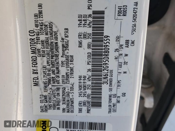 2013 Lincoln MKZ с VIN 3LN6L2G95DR809559, выставлен на аукционе Copart как лот 57581755 с пробегом 64 850 миль миль и Списание • Salvage title. История ставок и продаж доступна на DreamBid. Изображение 12.