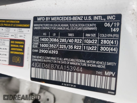 2019 Mercedes-Benz GLE 43 AMG with VIN 4JGED6EB7KA153944, listed as a Copart auction lot 50173945 with 118,802 mi miles and Salvage title. Bid and sale history available at DreamBid. Image 12.