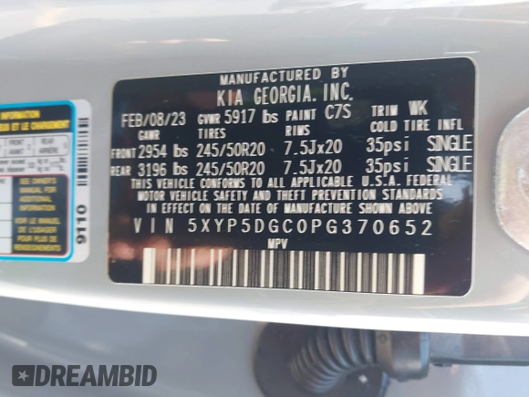 2023 Kia Telluride SX X-Pro with VIN 5XYP5DGC0PG370652, listed as a IAAI auction lot 42226690 with 30,669 mi miles and . Bid and sale history available at DreamBid. Image 9.