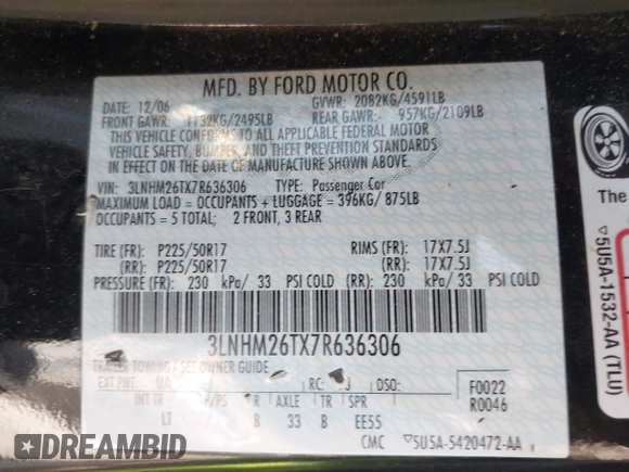 2007 Lincoln MKZ z VIN 3LNHM26TX7R636306, wystawiony jako IAAI lot #42220142 z przebiegiem 152 728 mil mil oraz . Historia ofert i sprzedaży dostępna na DreamBid. Obrazek 9.