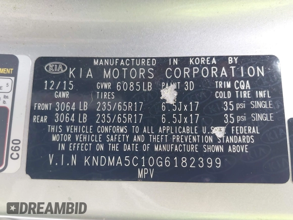 2016 Kia Sedona L with VIN KNDMA5C10G6182399, listed as a IAAI auction lot 42186358 with 102,874 mi miles and . Bid and sale history available at DreamBid. Image 9.